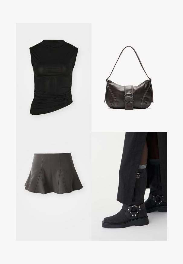Top negro sin mangas con cuello alto, hecho de una tela suave. Presenta detalles fruncidos en un lado y una silueta ajustada.; Falda negra acampanada con una cintura ajustada, que presenta costuras verticales y una textura suave. El dobladillo es ligeramente curvado y queda por encima del muslo.; Botas negras hasta el tobillo hechas de cuero con un acabado mate, punta cuadrada y hebillas decorativas. La suela es gruesa y texturizada.; Bolso de hombro de cuero marrón con forma curva, que presenta un prominente detalle de hebilla, costuras en contraste y una sola correa para el hombro.