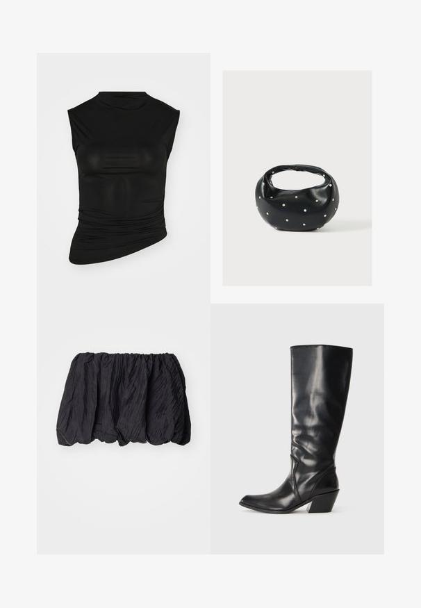 Top negro sin mangas con cuello alto, hecho de una tela suave. Presenta detalles fruncidos en un lado y una silueta ajustada.; Top de tela negra arrugada con cintura elástica, que presenta una superficie texturada y un diseño fruncido para una forma volumétrica.; Bota de cuero negra hasta la rodilla con punta afilada, tacón angular y textura suave. Presenta un sutil acento de costura a lo largo del costado.; Bolso de mano de cuero negro con forma redondeada, decorado con detalles de tachuelas plateadas y un asa corta. Textura lisa y cierre con cremallera.