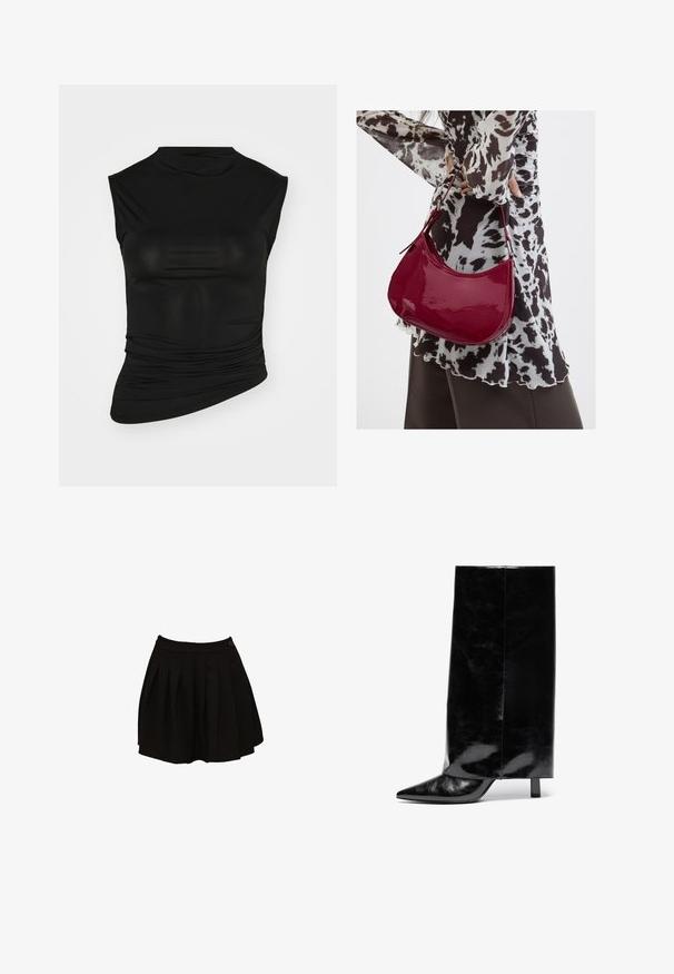 Top sans manches noir avec un col montant, fabriqué en tissu lisse. Présente des détails froncés sur un côté et une silhouette ajustée.; Jupe plissée noire avec une ceinture ajustée et un détail de bouton unique. Le tissu semble lisse et léger, conçu pour une silhouette évasée.; Botte chelsea en cuir noir avec un bout pointu et un talon bloc, présentant un tige haute et brillante ainsi qu'une finition texturée sur la partie inférieure.; Femme portant un chemisier à motif noir et blanc tenant un sac à main rouge brillant sur un fond uni.