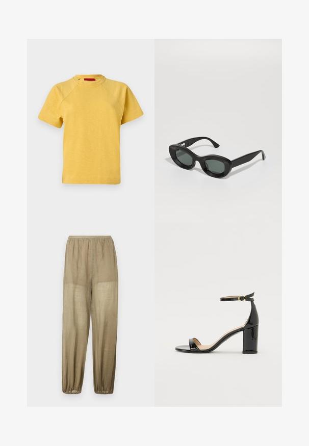 T-shirt jaune à manches courtes avec col ras du cou et coutures raglan, présenté sur un fond clair uni.; Pantalon en lin beige léger et ample avec une taille élastique et des poignets élastiques aux chevilles.; Sandale à talon haut en cuir verni noir avec bride à la cheville et boucle dorée, bout ouvert et talon bloc sur fond blanc.; Lunettes de soleil noires avec des montures lisses et arrondies et des verres foncés. Les branches sont larges et plates, avec une finition brillante.