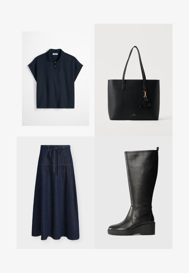 Marineblå kortærmet strikket poloshirt med krave, to knapper og lige kant.; Mørkeblå denim A-formet nederdel med topstitching og et bindebælte foran i taljen, vist mod en ensfarvet baggrund.; Sorte læder knæhøje støvler med vadesål, glat tekstur, sømløs design og en lille trækflap øverst for nem påtagning.; Sort lædertaske med to håndtag, lille blomstervedhæng og guld "Anna Field"-logo foran.