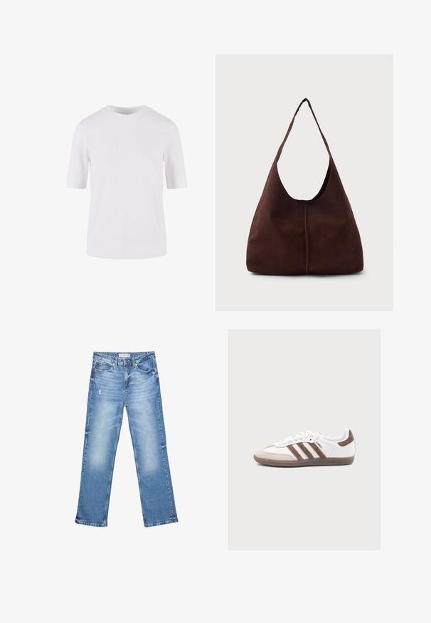 Hvid T-shirt med korte ærmer lavet af glat bomuld. Har en rund halsudskæring og lige snit, uden mønstre eller udsmykninger.; Lysblå denim jeans, lige ben, slidte områder og diskret slid. Har fem lommer og en klassisk knaplukning.; Hvid Adidas Samba sneaker med brune ruskindstriber og hælflap, beige tåhætte og gummisål på ensfarvet baggrund.; Brun suedette hobo taske med en stor, buet åbning og en bred skulderrem. Har en centreret søm på forsiden. Glat tekstur.