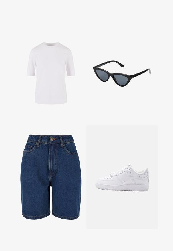 Hvid T-shirt med korte ærmer lavet af glat bomuld. Har en rund halsudskæring og lige snit, uden mønstre eller udsmykninger.; Denim shorts med en mørkeblå farve, høj talje, fem-lomme design og kontrasterende orange syninger. Stof ser tekstureret ud.; Hvid lavtop sneaker med perforeret tå, Nike swoosh og dekorative hvide blomsterdetaljer på hælen og siden.; Sorte katteøje solbriller med mørkegrå linser, slankt plastisk stel, spidse hjørner og lige stænger. Ingen synlig hardware eller dekorationer.