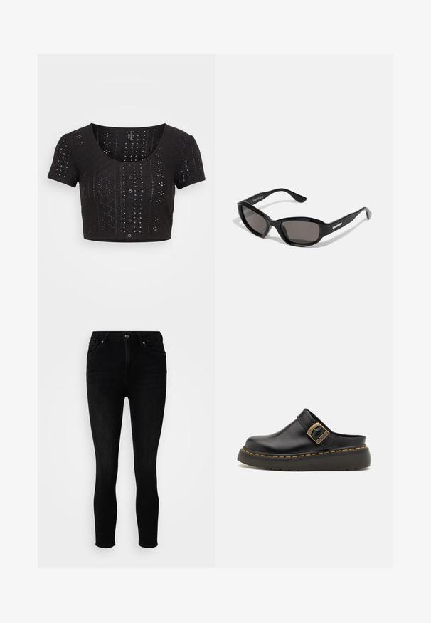 ONLY Petite ONLSANDRA PLACKET - T-Shirt print - black; ONLY Petite ONLPOWER MID PUSH UP - Jeans Skinny Fit - washed black; Schwarze Leder-Mules mit breitem Riemen und Messing-Schnalle. Verfügt über eine strukturiere Gummisohle mit gelben Nähakzenten.; Schwarze Sonnenbrille mit rechteckigem Rahmen, dunklen Gläsern, glattem Kunststoffmaterial und einem metallischen Akzent am Bügel.
