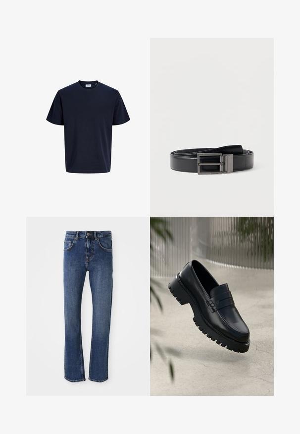 Ensfarvet mørkeblå T-shirt med korte ærmer og rund hals, med lige kant og synligt mærke indeni kraven.; Lyseblå denimjeans med lige ben-design, fem-lomme stil og metalknaplukning. Har diskrete stikninger og en glat tekstur.; Sorte læder loafers med en chunky sål, der har en dekorativ rem og syninger. Glat tekstur med en poleret overflade.; Sort læderbælte med en glat tekstur, der har en firkantet metallisk spænde i mat finish. Accentueret med et brandlogo på bæltet.
