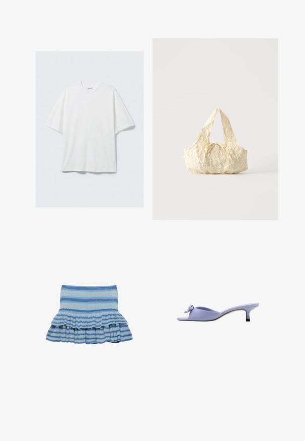 T-shirt blanc surdimensionné en coton à manches courtes avec col rond et une petite étiquette de marque à l'intérieur du col.; Mini-jupe à rayures bleu et bleu clair avec une texture côtelée et deux volants superposés à l’ourlet, présentée sur fond blanc.; Mule lavande à bout ouvert avec petit talon et nœud décoratif sur la partie supérieure, vue de profil sur fond blanc.; Sac à main en tissu texturé couleur crème avec des anses sur le dessus et un petit nœud noué au centre devant.