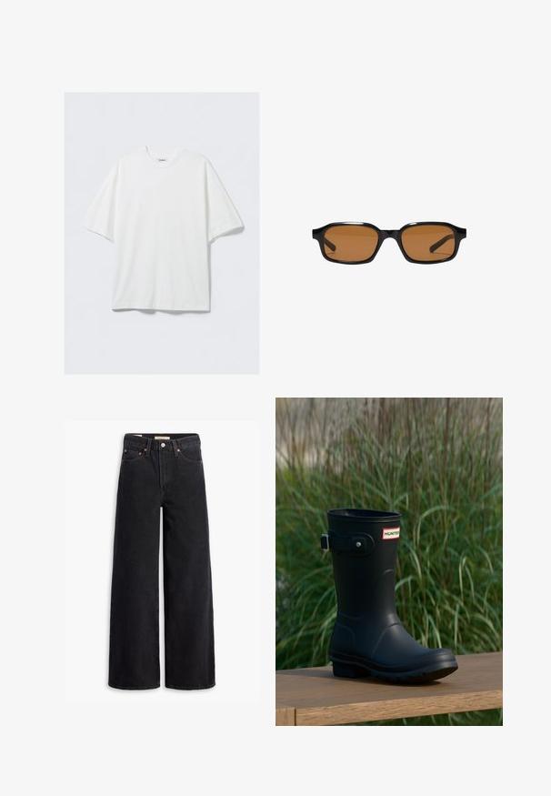 Wit oversized katoenen T-shirt met korte mouwen, ronde hals en een klein merkembleem aan de binnenkant van de kraag.; Zwarte brede jeans gemaakt van denim, met vijf zakken, koperen klinknagels en een klassieke knoopsluiting. Glad van textuur met een strakke uitstraling.; Zwarte rubberen regenlaarzen met een glanzende afwerking, voorzien van een zilveren gesp en een logo patch. De zool is gestructureerd voor grip.; Zwarte rechthoekige zonnebril met dikke monturen en bruin getinte glazen, getoond van voren op een witte achtergrond.