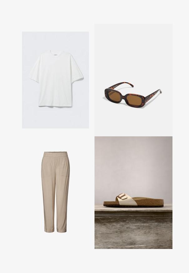 Camiseta blanca de algodón de manga corta y corte oversize con cuello redondo y una pequeña etiqueta de la marca en el interior del cuello.; Pantalones beige con cintura elástica, dos bolsillos frontales, diseño de pierna entallada y textura suave. Adecuados para un uso casual o relajado.; Chancla con una parte superior metálica ligera, plantilla de corcho y suela de goma texturizada en marrón. Detalle de hebilla con acento de logo.; Gafas de sol de carey con forma rectangular, lentes marrones, montura de plástico suave y varillas delgadas que presentan sutiles patrones tonales.