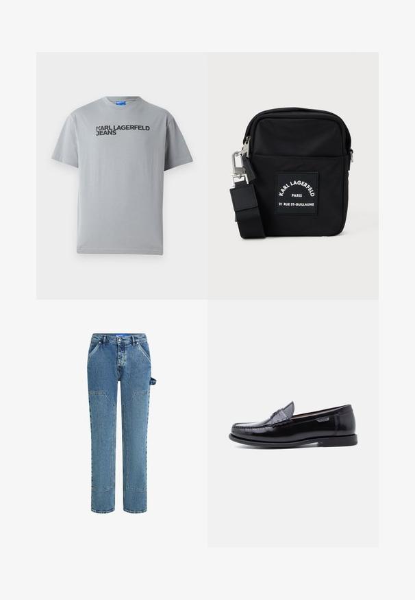 Camiseta de algodón gris con mangas cortas y cuello redondo. Texto en negro que dice "KARL LAGERFELD JEANS" en la parte frontal.; Jeans de mezclilla azul con un diseño de pierna recta, que cuentan con parches en contraste, dos bolsillos frontales y un detalle de lazo visible en el lado.; Mocasines de cuero negro con acabado brillante, que presentan un diseño cosido en la puntera y una suela baja de goma negra texturizada.; Bolsa cruzada de nailon negra con forma rectangular, presenta una etiqueta en el parche frontal, herrajes plateados y una correa ajustable.