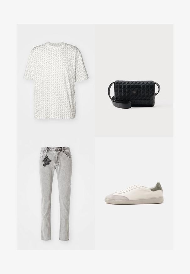 Witte t-shirt met een herhalend grijs "A" patroon, korte mouwen, een ronde halslijn en een relaxte pasvorm. Gemaakt van zachte stof.; Lichtgrijze rechte denim jeans met ritssluiting, vijf zakken en een decoratieve zwarte sleutelhangeraccent aan de voorkant.; Witte lage sneaker met lichtgrijze suède accenten op de neus en hiel, witte veters en een platte beige zool, gezien vanaf de buitenkant.; Zwarte crossbodytas met een gestructureerd oppervlak, een klepsluiting en een klein metalen logo aan de voorkant, afgebeeld tegen een effen achtergrond.