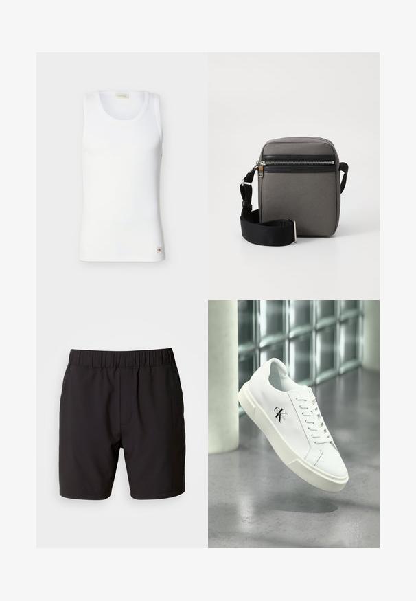 Weißes geripptes ärmelloses Tanktop mit rundem Ausschnitt und kleinem Calvin Klein Logoetikett nahe dem Saum vor einfachem Hintergrund.; Schwarze Shorts aus elastischem Stoff mit einem elastischen Bund, Seitentaschen und einem schlichten, klaren Design. Keine Muster oder Verzierungen.; Weißer Calvin Klein Sneaker mit Schnürsenkeln, schwebend über einem polierten Betonboden und einer Glasbausteinwand im Hintergrund dargestellt.; Grau gestreifter Umhängetasche mit einer schwarzen Reißverschlusstasche, verstellbarem Riemen und rechteckiger Form. Sie verfügt über eine glatte Textur und Metallbeschläge.