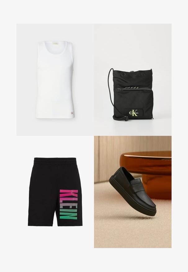 Débardeur blanc à côtes sans manches avec encolure ronde et petite étiquette logo Calvin Klein près de l'ourlet sur fond uni.; Short noir avec taille élastique et grand texte vertical "KLEIN" sur une jambe en dégradé rose, gris et vert.; Mocassin en cuir noir à enfiler avec une bride sur le dessus, positionné sur un tapis beige et une table ronde marron.; Sac bandoulière noir en nylon avec sangle cordon réglable, poche zippée à l'avant et patch logo fluorescent sur une accent en cuir.
