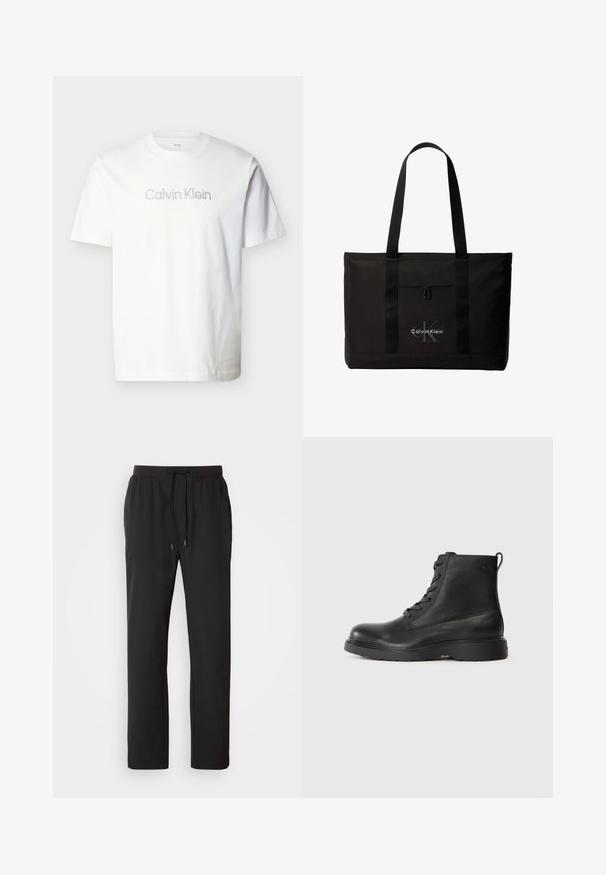T-shirt blanc à manches courtes en coton, avec un logo "Calvin Klein" gris sur la poitrine en police minimaliste.; Pantalons de jogging noirs en tissu léger, dotés d'une taille élastique avec cordons de serrage réglables et poches latérales. Texture lisse.; Bottine noire en cuir texturé avec un bout rond, un design à lacets, et une solide semelle en caoutchouc noir. Elle est dotée d'une boucle au talon.; Sac cabas noir Calvin Klein avec deux longues poignées et une poche avant, avec le logo de la marque en blanc et gris.