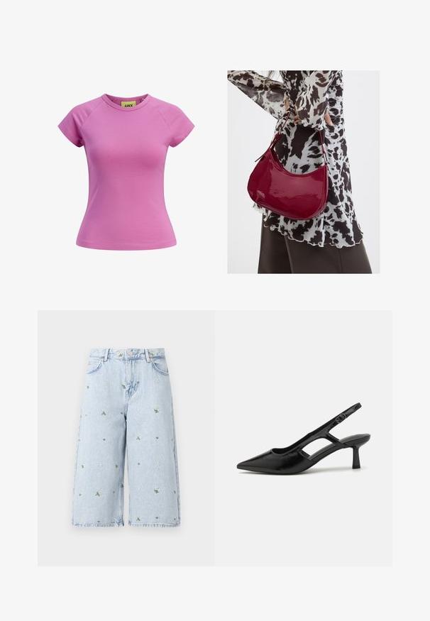 Camiseta corta rosa con escote redondo, mangas raglán cortas y forma ajustada. Hecha de una suave tela de algodón. Etiqueta visible en el interior.; Pantalones cortos de mezclilla de lavado claro con bordado floral, que presenta margaritas y hojas verdes. Diseño clásico de cinco bolsillos y un dobladillo deshilachado.; Tacones de slingback negros con punta afilada, hechos de material brillante, que presentan acentos recortados y un tacón moderado para mayor soporte.; Mujer con blusa de estampado en blanco y negro sosteniendo un bolso de hombro rojo brillante sobre un fondo liso.