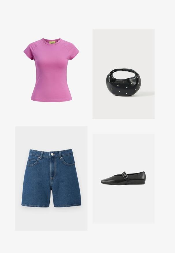 Lille pink T-shirt med rund halsudskæring, korte raglanærmer og en tætsiddende pasform. Fremstillet af glat bomuldsstof. Mærket synligt indeni.; Mørkeblå denimshorts med en klassisk fem-lomme design, knaplukning og lige skæring med minimale syninger.; Sorte læder flade sko med spidse tæer, prydet med en metallisk spænde over vristen og en lav, fleksibel sål.; Sort læderhåndtaske med en rundet form, dekoreret med sølvnitter, og et kort håndtag. Glat tekstur og lynlåslukning.