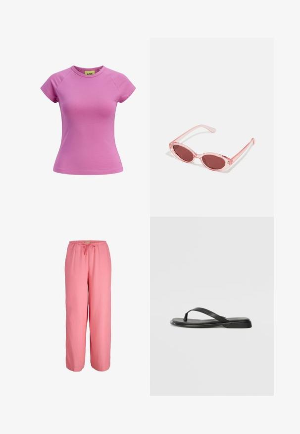 Korte roze T-shirt met een ronde hals, korte raglanmouwen en een getailleerde fit. Gemaakt van gladde katoenen stof. Etiket zichtbaar aan de binnenkant.; Roze, lichte, wijde broek met een elastische tailleband en een trekkoorddetail; soepele textuur en casual ontwerp.; Zwarte teenflip-flop van glad leer, met een dunne band en een platte zool met een minimalistisch profiel. Geen opvallende patronen of accenten.; Roze transparante zonnebril met ovale lenzen, donkerrode tint en slanke pootjes, met een gladde afwerking en subtiele details op het frame.