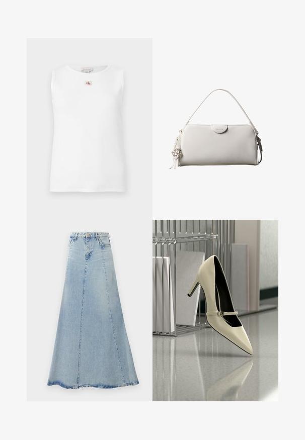 Biely bezrukávnik so žebrovaným vzorom a malým červeno-čiernym logom Calvin Klein umiestneným v strede pod výstrihom.; Svetlomodrá denim sukňa s rozšíreným A-liniovým strihom, so zapínaním na gombíky vpredu, pútkami na opasok a viditeľnými detailmi šitia.; Krémové lodičky na vysokom opätku s tenkým remienkom, položené na odrazovej podlahe blízko kovového organizéra na papiere.; Biela obdĺžniková kabelka Calvin Klein s jedným rúčikom, minimalistickým dizajnom a dekoratívnymi strapcami s geometrickým kovovým príveskom na boku.