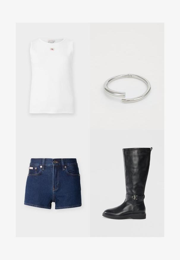 Witte mouwloze geribbelde tanktop met een klein rood en zwart Calvin Klein-logo gecentreerd net onder de halslijn.; Donkerblauwe denim shorts met knopen aan de voorkant, riemlussen en zakken, afgebeeld tegen een lichte achtergrond.; Zwarte leren kniehoog laars met lage hak, ronde neus en een metalen "CK" logo gesp rond de enkel.; Calvin Klein SPIRAL - Armband - silver-coloured