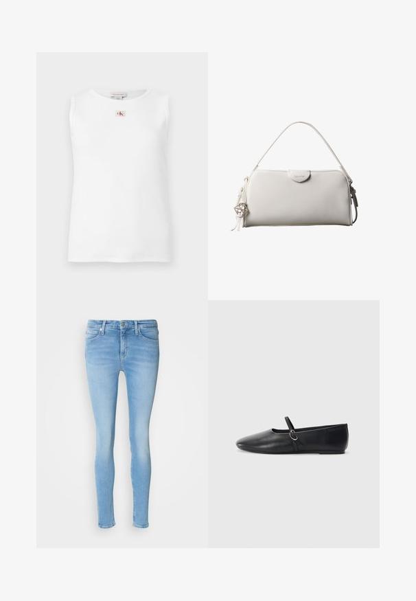 Valge varrukateta soonikust tank-top, mille allääres on väike punane ja must Calvin Kleini logo, mis asub kaelakaare all keskel.; Heledad sinised kitsad teksad, mis on valmistatud denimist ja millel on keskmise kõrgusega talje, eesmine taskud, vööd silmad ja sile tekstuur.; Mustadest nahast balletitaldud, millel on terav nina, lame tald ja väike rihm koos hõbedase detailiga.; Valge ristkülikukujuline Calvin Kleini käekott ühe käepidemega, minimalistliku disainiga ja dekoratiivsete tutikestega, mille küljes on geomeetrilise metallist ripats.