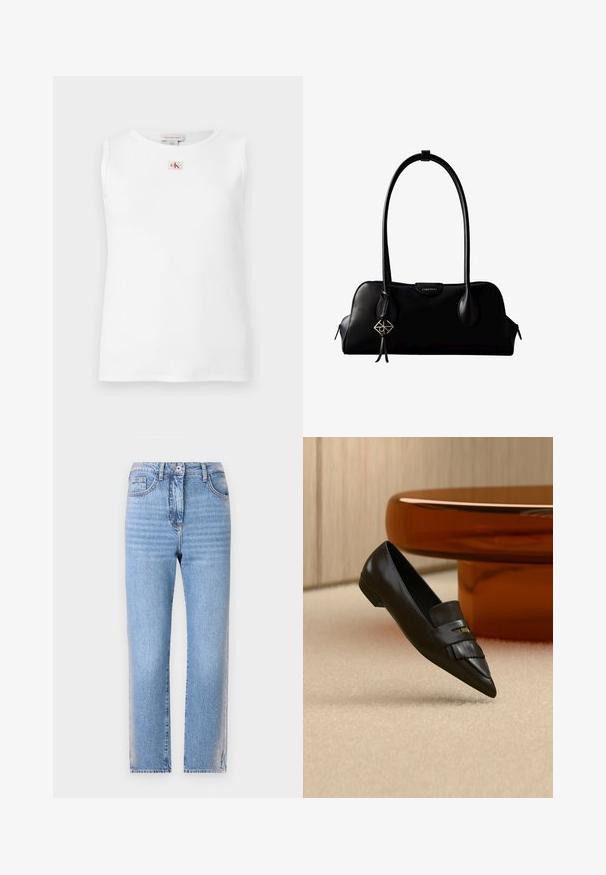 Witte mouwloze geribbelde tanktop met een klein rood en zwart Calvin Klein-logo gecentreerd net onder de halslijn.; Lichtblauwe denim jeans met een rechte snit, voorzien van een knoop- en ritssluiting, vijf zakken en een vervaagde textuur op de benen.; Zwarte leren loafer met puntige neus en franjedetail, geplaatst op een beige tapijt naast een ronde oranje glazen tafel.; Zwarte leren Calvin Klein handtas met lange hengsels, een logo-label aan de voorkant en een zilverkleurige geometrische hanger die aan één hengsel hangt.
