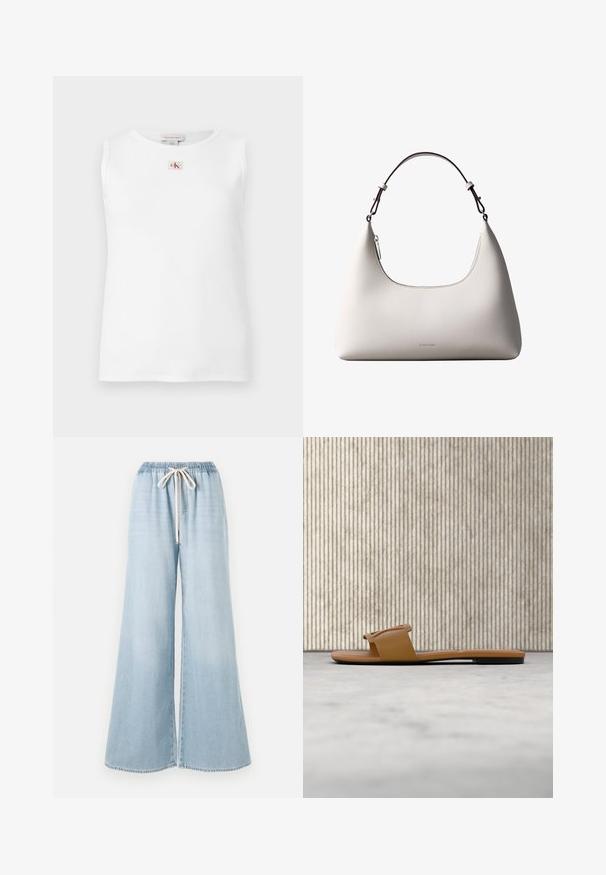 Débardeur blanc sans manches en maille côtelée avec un petit logo Calvin Klein rouge et noir centré juste en dessous de l'encolure.; Jean large bleu clair en denim, doté d'une ceinture élastique avec cordon de serrage et d'une texture lisse.; Sandale slide marron Calvin Klein avec logo découpé sur la sangle, reposant sur un tapis clair près de pieds de mobilier translucides ambrés.; Sac à bandoulière en cuir couleur crème de Calvin Klein avec bord supérieur incurvé, fermeture éclair argentée et sangle ajustable brun foncé.