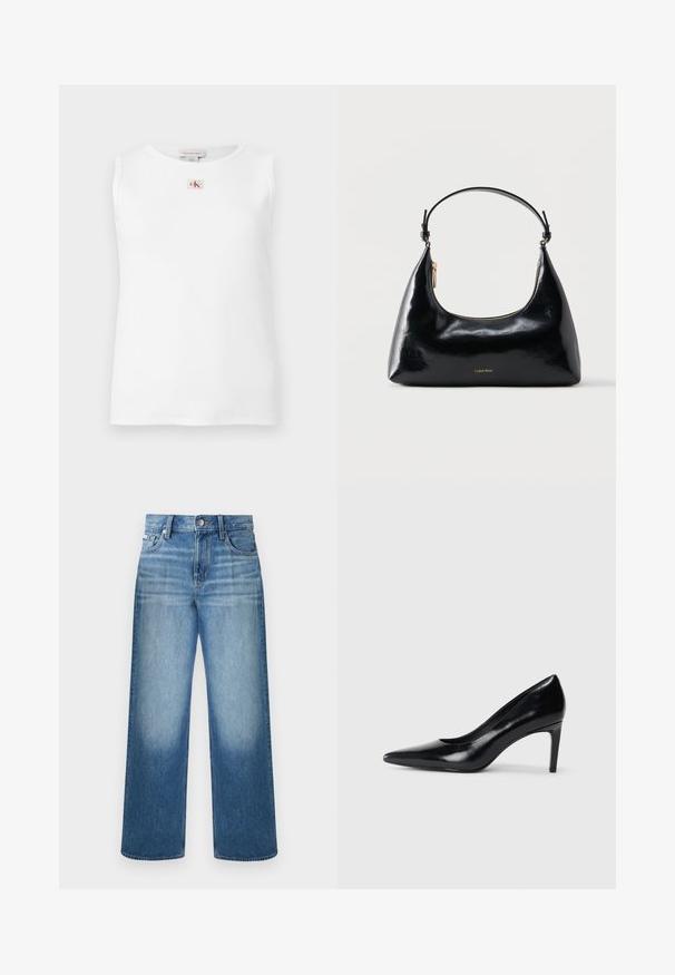 Hvid ærmeløs top med ribstruktur og et lille rødt og sort Calvin Klein-logo centreret under halsudskæringen.; Blå straight-leg denimjeans med knap- og lynlåslukning, fem-lomme-design og falmet vask på lår og knæ.; Sort læder højhælede sko med spids tå, glat tekstur og en taperet hæl. Minimalistisk design uden yderligere udsmykninger.; Sort blank Calvin Klein håndtaske med gyldent lynlås og kort rem mod en ensfarvet hvid baggrund.