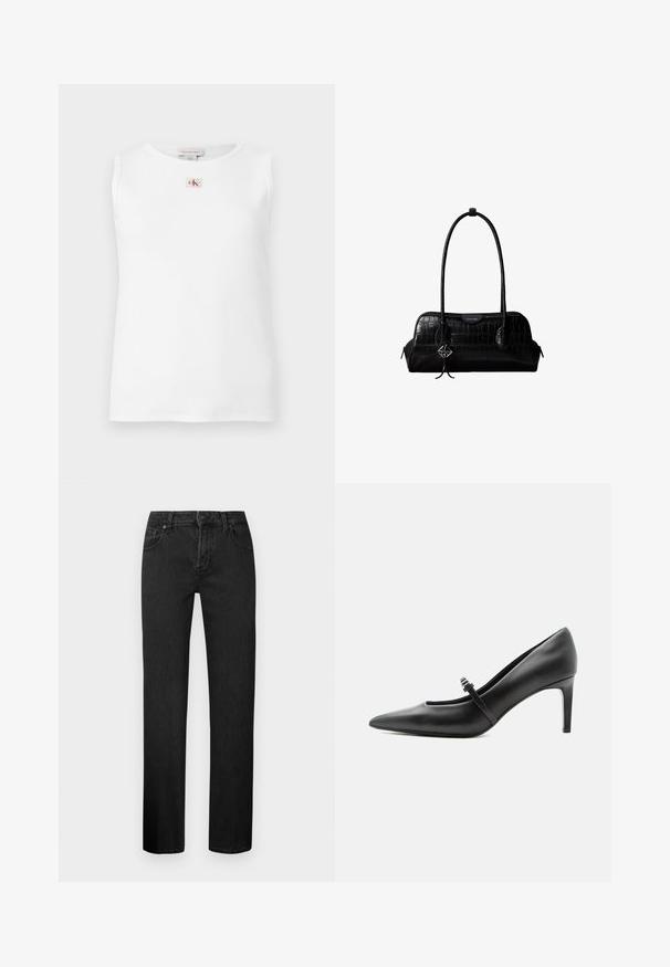 Hvid ærmeløs top med ribstruktur og et lille rødt og sort Calvin Klein-logo centreret under halsudskæringen.; Sorte straight-leg jeans lavet af denim, med et klassisk fem-lomme design, knaplukning og bæltestropper. Glat tekstur.; Sort læderspids højhælede sko med tynd rem og spænde over vristen, stående på en neutral lys baggrund.; Sort skuldertaske i krokodillelæder med lange stropper og lille sølvlogo-charm på den ene strop.