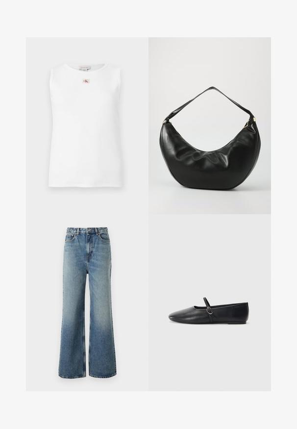 Biely bezrukávnik so žebrovaným vzorom a malým červeno-čiernym logom Calvin Klein umiestneným v strede pod výstrihom.; Svetlomodré džíny s vysokým pásom, širokým strihom, s miernym zošúchaním a kontrastným prešívaním; majú predné vrecká a zapínanie na gombík.; Čierne kožené baletky s špicatou špičkou, plochou podrážkou a malým remienkom so striebornou prackou.; Čierna kožená taška cez rameno s zakriveným tvarom, mäkkou textúrou a jedným popruhom; má zlatý zips a nenápadné logo.