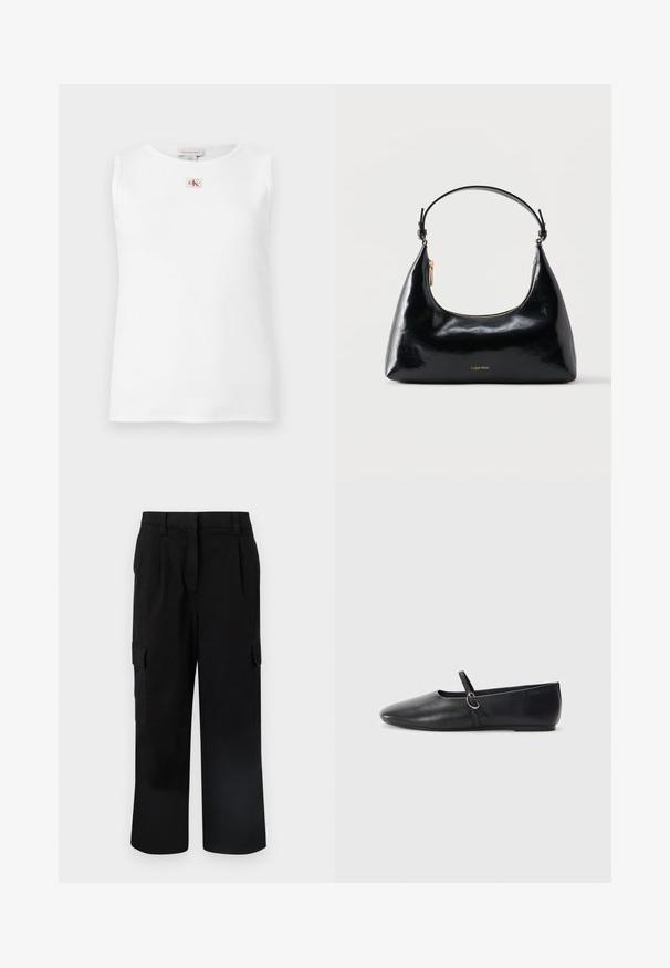 Débardeur blanc sans manches en maille côtelée avec un petit logo Calvin Klein rouge et noir centré juste en dessous de l'encolure.; Pantalon cargo noir à jambes larges avec poches à rabat latérales, passants de ceinture et fermeture avant dissimulée.; Ballerines noires en cuir avec un bout pointu, une semelle plate et une petite sangle avec un détail de boucle en argent.; Sac à main Calvin Klein noir brillant avec fermeture éclair dorée et anse courte sur fond blanc uni.