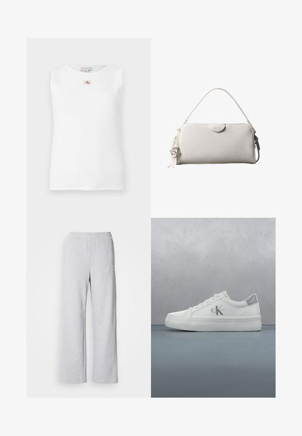 Witte mouwloze geribbelde tanktop met een klein rood en zwart Calvin Klein-logo gecentreerd net onder de halslijn.; Lichtgrijze sweatpants met een wijde pijpdesign, elastische tailleband en subtiele stikdetails. Gemaakt van zachte, ademende stof.; Witte leren sneakers met een platte zool, voorzien van een subtiele grijze hielaccent en een prominent 'CK' logo aan de zijkant.; Witte rechthoekige Calvin Klein handtas met enkele handgreep, minimalistisch ontwerp en decoratieve kwastjes met geometrische metalen hanger aan de zijkant.