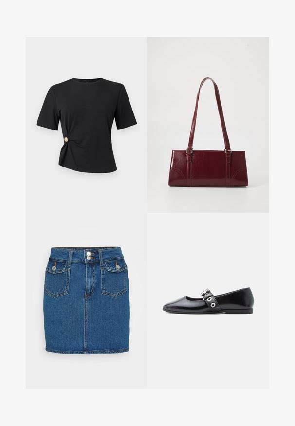 Sort top med korte ærmer, rund halsudskæring og sidefold med en lille guldbesat knap.; Denim mini skirt, mørkeblå, har høj talje med to forreste knapper, fem-lomme design og kontraststing langs kanten.; Sort laklæder flad sko med firkantet tå, sidespænde detalje og en lav, rund hæl. Glat tekstur og minimalistisk design.; Bordeaux håndtaske lavet af glansfuldt materiale, rektangulær form, med to skulderremme og subtile buede detaljer på forsiden.