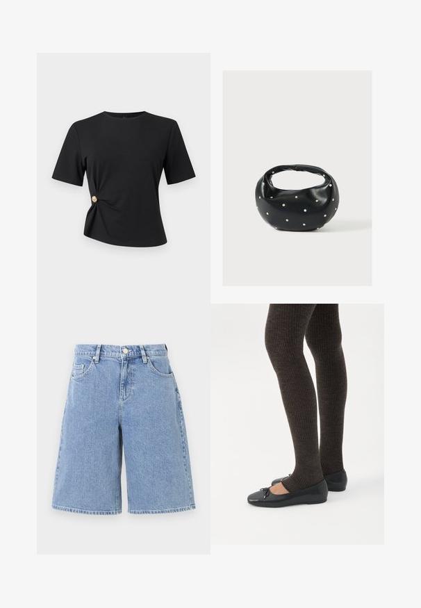 Sort top med korte ærmer, rund halsudskæring og sidefold med en lille guldbesat knap.; Lysblå denimshorts med en løs pasform, høj talje, frontlommer og dobbelt-syet kant. Glat tekstur med et klassisk design.; Ben iført mørke ribbede leggings kombineret med sorte balletsko med små sløjfedetaljer på hvid baggrund.; Sort læderhåndtaske med en rundet form, dekoreret med sølvnitter, og et kort håndtag. Glat tekstur og lynlåslukning.