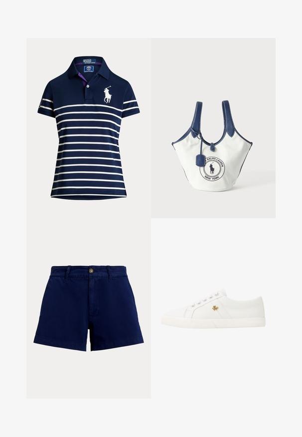 Polo azul marino con rayas horizontales blancas, mangas cortas, cuello y un logo blanco de jugador de polo en el pecho.; Pantalones cortos azul marino de cintura alta con trabillas para cinturón, cierre de botón y cremallera frontal, mostrados sobre un fondo claro y liso.; Lauren Ralph Lauren JANSON II CANVAS SNEAKER - Zapatillas - optic white; Bolsa tote de lona blanca con asas y ribetes azul marino, con parche del logo de Ralph Lauren en el frente y una pequeña etiqueta colgante.