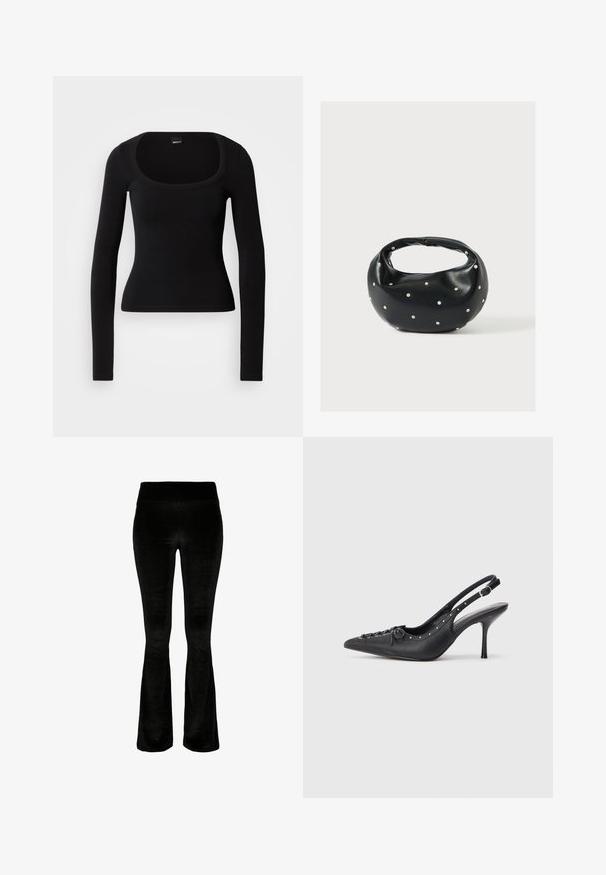 Top negro de manga larga con escote redondeado, diseño ajustado y textura acanalada, hecho de un material suave y elástico. Sin patrones ni acentos visibles.; Pantalones acampanados negros en tejido suave de terciopelo. Cintura alta y textura lisa. El diseño presenta un corte acampanado desde la rodilla hacia abajo.; Sandal de tacón stiletto negro de cuero con punta afilada, correa lateral con hebilla, tachuelas a lo largo del borde y cordones decorativos en la parte delantera.; Bolso de mano de cuero negro con forma redondeada, decorado con detalles de tachuelas plateadas y un asa corta. Textura lisa y cierre con cremallera.