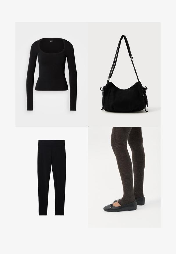 Top negro de manga larga con escote redondeado, diseño ajustado y textura acanalada, hecho de un material suave y elástico. Sin patrones ni acentos visibles.; Leggings negros de cintura alta con ajuste delgado de longitud completa y cinturilla lisa, mostrados sobre un fondo blanco.; Piernas con leggings oscuros acanalados combinados con bailarinas negras que presentan pequeños detalles de lazo sobre un fondo blanco.; Bolso de hombro de pana negra con forma curva, correa ajustable y cierres de cordón en ambos lados para ajustar el tamaño.