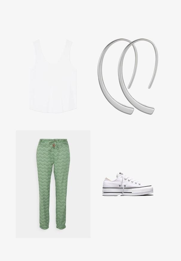 Hvid ærmeløs tanktop med rund udskæring og brede skulderstropper, vist fladt på en hvid baggrund.; Ragwear TALIN CHEVRON - Bukser - dusty green; Hvid lavtop lærredssneakers med hvide snørebånd, sorte striber på sålen og gummieret tekstureret tåhætte, sidevendt på hvid baggrund.; Sølvfarvede metal hoops øreringe med en glat, blank overflade og buet halvmåneform, der har et minimalistisk design uden synlige mønstre.