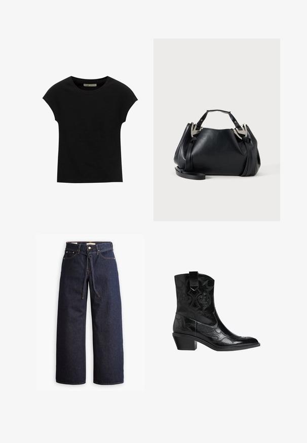 Schwarzes T-Shirt mit kurzen Ärmeln und rundem Ausschnitt. Hergestellt aus glattem, elastischem Baumwollstoff. Einfaches Design ohne Muster oder Grafiken.; Weite, dunkelblaue Jeans aus Denim mit hoher Taille, ausgestattet mit einem Kordelzug, fünf Taschen und kontrastierenden Nähdetails.; Schwarze Leder-Cowboy-Stiefel mit spitzer Zehenform, dekorativen Nähten und niedrigem Blockabsatz. Verfügt über eine Zuglasche für einfaches Anziehen.; Schwarze Lederhandtasche mit silbernen V-förmigen Metallakzenten, zwei oberen Griffen und einem abnehmbaren Schulterriemen auf einem schlichten hellen Hintergrund.