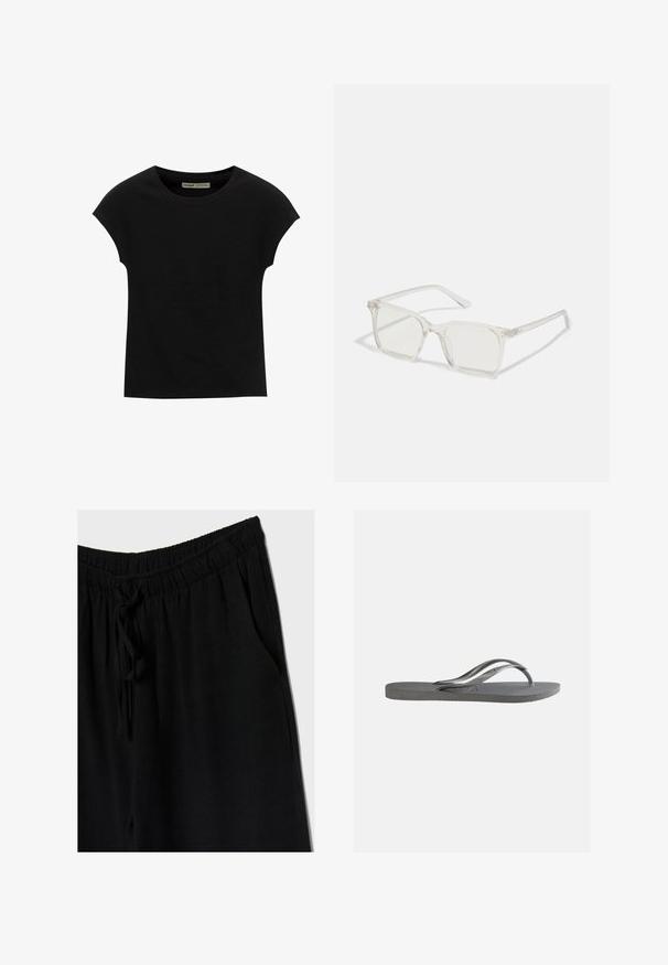 Schwarzes T-Shirt mit kurzen Ärmeln und rundem Ausschnitt. Hergestellt aus glattem, elastischem Baumwollstoff. Einfaches Design ohne Muster oder Grafiken.; Schwarze Hose mit elastischem Bund und Kordelzug, bietet eine lockere Passform und Seitentaschen. Das Material wirkt weich und leicht.; Flache graue Flip-Flop-Sandale mit strukturiertem Fußbett und dünnen Y-förmigen Riemen, von der Seite vor einem schlichten hellen Hintergrund gezeigt.; Klare, quadratische Kunststoffbrillen mit durchsichtigen Gläsern, die goldene Akzente an den Bügeln für zusätzliche Details aufweisen.