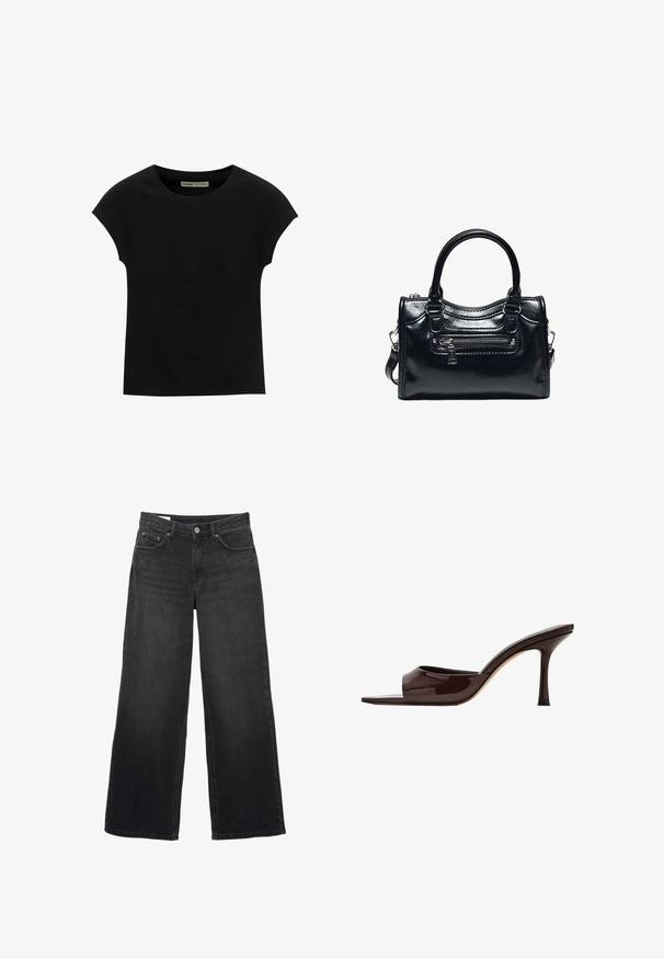 T-shirt noir à manches courtes avec un col rond. Confectionné en coton lisse et extensible. Design simple sans motifs ni graphismes.; Jean noir à jambes larges avec taille haute, fermeture à boutons et fermeture éclair à l'avant, passants pour ceinture et conception à cinq poches.; Mule en cuir verni marron foncé, à bout ouvert, avec une large bride et un talon haut fin sur fond blanc.; Sac à main en cuir noir brillant avec deux poignées, poche avant zippée et bandoulière amovible sur fond blanc.