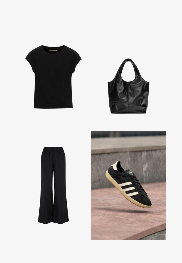 Sort T-shirt med korte ærmer og rund halsudskæring. Fremstillet af glat, elastisk bomuldsstof. Simpelt design uden mønstre eller grafik.; Sorte vide benbukser lavet af et let stof. Har et elastisk talje og en gulvlængde, flydende design.; Sort Adidas sneaker med hvide striber og beige sål, fanget i luften over en stenet overflade og baggrund af en stenmur.; Sort læder tote taske med en glat overflade, en blød, afrundet top og brede håndtag. Har minimal syning og en afslappet silhuet.