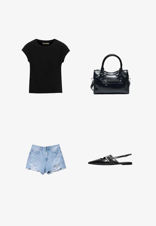 Sort T-shirt med korte ærmer og rund halsudskæring. Fremstillet af glat, elastisk bomuldsstof. Simpelt design uden mønstre eller grafik.; Lyseblå denimshorts med frynsetkant og slidte detaljer, med forlommer og knaplukning.; Sort spids flad sandal med stor sølvspænde og justerbar slingback-rem, glat læderoverdel og tynd sål.; Sort skinnende læderhåndtaske med to håndtag, lynlåslomme foran og aftagelig skulderrem på hvid baggrund.