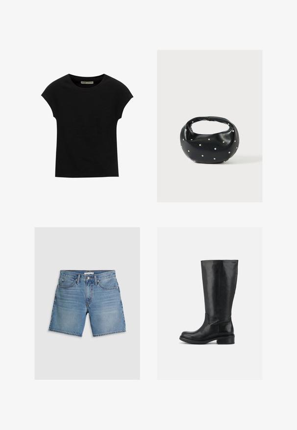 Schwarzes T-Shirt mit kurzen Ärmeln und rundem Ausschnitt. Hergestellt aus glattem, elastischem Baumwollstoff. Einfaches Design ohne Muster oder Grafiken.; Jeansshorts in Hellblau, mit geradem Schnitt, fünf Taschen und einem Knopfverschluss. Hergestellt aus Baumwolle mit einer glatten Struktur.; Hoher schwarzer Lederstiefel mit niedrigem Blockabsatz und abgerundeter Spitze, glattes Obermaterial mit minimaler Naht auf einfarbigem Hintergrund.; Schwarze Lederhandtasche mit abgerundeter Form, verziert mit silbernen Nietenakzenten und kurzem Griff. Glatte Struktur und Reißverschlussverschluss.