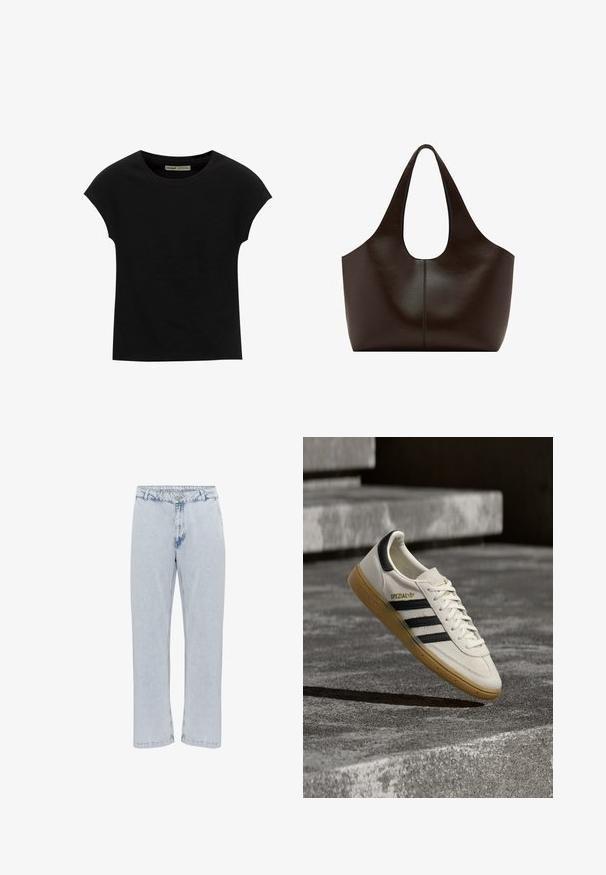 Sort T-shirt med korte ærmer og rund halsudskæring. Fremstillet af glat, elastisk bomuldsstof. Simpelt design uden mønstre eller grafik.; Lyseblå denimjeans med lige ben, der har en konventionel knap- og lynlås-lukning og en let slidt tekstur.; Hvid Adidas Spezial sneaker med sorte striber og gummisål, svævende over grå stentrin udendørs.; Mørkebrun lædertaske med brede skulderremme og en afrundet topåbning, simpelt design med centralt sømdetalje.