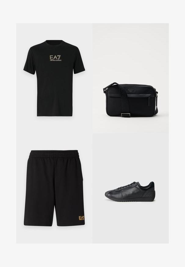 Zwarte t-shirt van soepel katoen met korte mouwen, met een contrasterend goudkleurig EA7 en Emporio Armani-logo op de voorkant.; Zwarte sportshorts van zacht materiaal, met een elastische tailleband en een klein geel EA7-logo op de onderste linkeronderbroek.; Zwarte leren sneakers met een textuurstofpaneel, ronde neusvorm, vetersluiting aan de voorkant en een rubberen zool met een zigzagpatroon.; Zwarte nylon schoudertas met een contrasterende schouderband, een slank rechthoekig ontwerp, een logo-detail en een ritszak aan de voorkant.