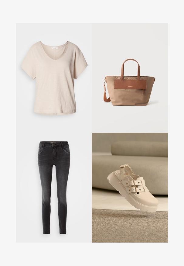 Lichtbeige t-shirt met korte mouwen en v-hals, gemaakt van een zachte, gestructureerde stof. Relaxte pasvorm met een subtiele glans en een rechte onderrand.; Zwarte skinny jeans van denim, met een frontale knoopsluiting, gestudeerde details op de zakken en een gladde textuur.; Beige sandaal met een dikke zool, twee gespen en een hielriem, tentoongesteld op een neutrale gecarpetteerde vloer voor een beige bank.; Middelgrote beige tote tas met bruine leren handvatten, voorvak en afneembare schouderriem, op een witte achtergrond.