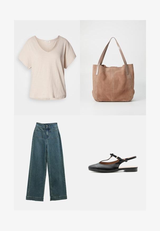 Camiseta de manga corta de cuello en V en color beige claro, hecha de un tejido suave y texturizado. Corte relajado con un brillo sutil y un dobladillo inferior recto.; Pantalones de mezclilla de pierna ancha en azul desteñido, con una cintura alta, dos bolsillos frontales y un cierre clásico de botón. La tela tiene una textura suave y lisa.; Zapato plano slingback de cuero negro con T-correa y hebilla dorada sobre fondo neutro.; Anna Field by Zalando LEATHER - Bolso shopping - taupe