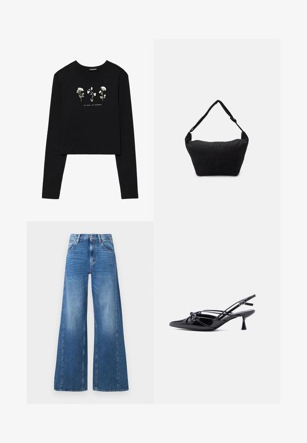 Even&Odd Camiseta de manga larga - black; Vaqueros de mezclilla azul de pierna ancha con cintura alta, que cuentan con bolsillos frontales y un aspecto desgastado, fabricados en algodón con una textura suave.; Zapato de salón slingback de charol negro con punta afilada, tacón bajo tipo kitten, y detalle decorativo de lazo anudado en la parte delantera.; Bolso de hombro de tela negro con una superficie suave y texturizada, forma redondeada y una sola correa. Diseño minimalista sin hardware ni acentos visibles.