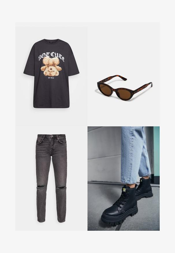 Sort oversized t-shirt med et grafisk motiv af en bjørn samt teksten "IKKE SØD MEN VILD" i fede, hvide bogstaver. 100% bomulds materiale.; Gina Tricot LOW - Jeans Straight Leg - black denim; Person iført lyseblå jeans og sorte chunky snørestøvler, der står på et betongulv nær en væg.; Brune skildpadde solbriller med en vintage katteøje-form og brune linser. Har buede arme med røde detaljer.