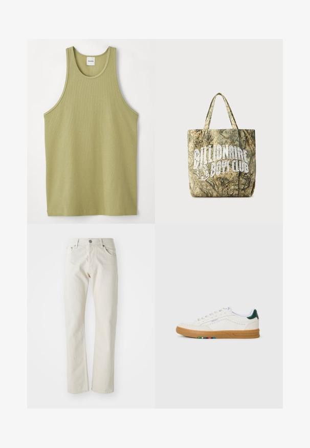 Lys grøn ribbet tank top med rund halsudskæring og brede ærmehuller. Stoffet ser blødt ud med en subtil tekstur og almindelig kant.; Lyse beige jeans lavet af bomuld, med lige ben design, fem-lommers styling og en sølv metalknap lukning.; Hvide lædersneakers med perfereret design, gummisul, grøn hælaccent og farverig stribe detalje på siden.; Camouflage-mønstret mulepose lavet af tekstureret stof med to håndtag. Fremviser en fremtrædende hvid logo på den ene side.