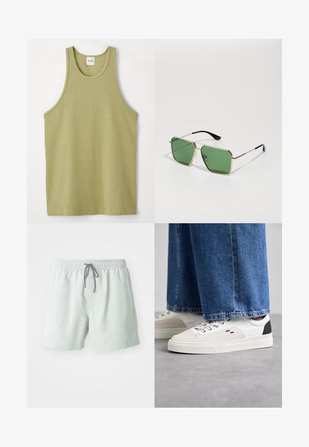 Lys grøn ribbet tank top med rund halsudskæring og brede ærmehuller. Stoffet ser blødt ud med en subtil tekstur og almindelig kant.; Lysgrønne svømmedragter med elastisk talje, justerbar snøre og sidelommer. Glat tekstur, længde over knæet.; Hvide og sorte sneakers med en glat læderoverdel, teksturerede detaljer og en kraftig hvid sål. Har et klassisk snørebåndsdesign.; Guldfarvede solbriller med grønne linser, geometrisk form og sorte plastik templer. Letvægtskonstruktion med diskrete accenter.